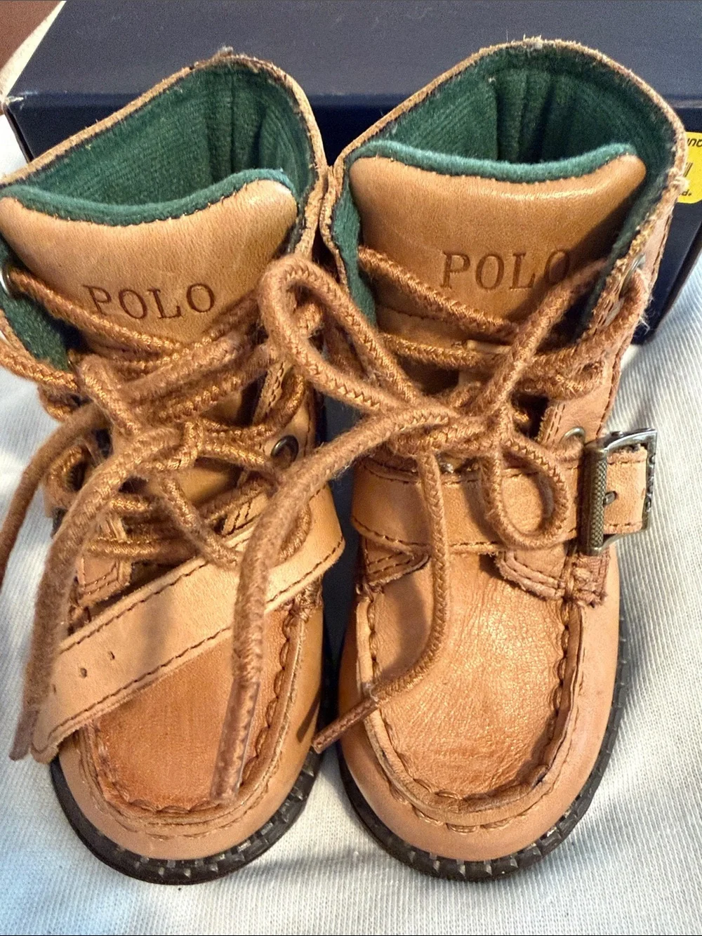 Polo by Ralph Lauren Tan Leather Baby Lace-Up Boots with Green Lining